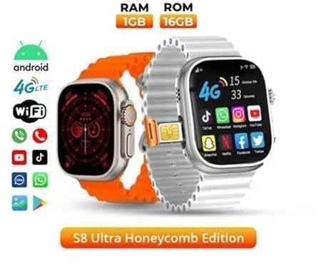 SQUL Premium S8 Ultra Smart Watch with 4G SIM Card, App Store Working, Google Maps, Facebook, YouTube, Android,Bluetooth Calling, Extra Band - Squl Tech 